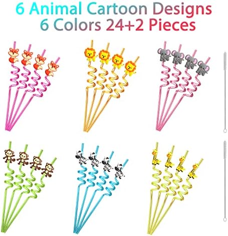 24 Popotes Reutilizables de Animales de la Selva para Fiesta de Cumpleaños de León, Zorro, Cebra y Jirafa, Incluye 2 Cepillos de Limpieza - imagen 6