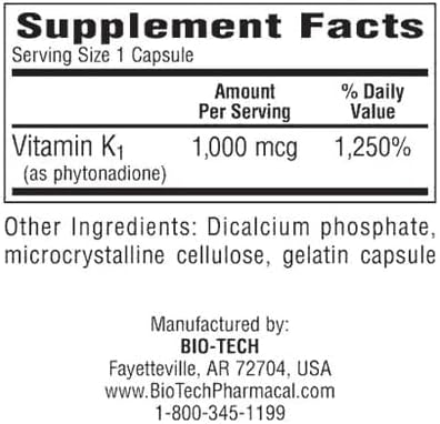 Bio-Tech K1-1000 (Vitamina K-1) 100 Cápsulas - imagen 2