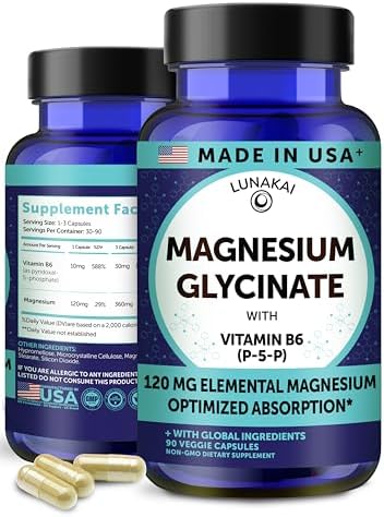 Cápsulas de Glicinato de Magnesio Puro Lunakai 120mg con B6 (P-5-P) – Suplemento de Magnesio de Alta Absorción para Sueño y Soporte Muscular, 90ct - imagen 1