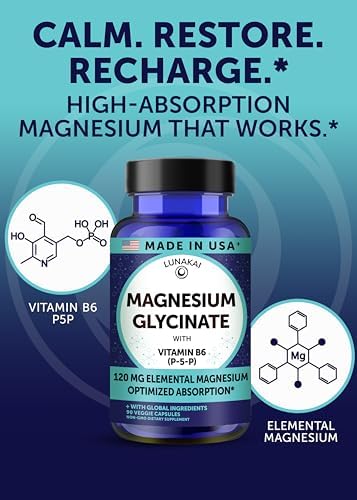 Cápsulas de Glicinato de Magnesio Puro Lunakai 120mg con B6 (P-5-P) – Suplemento de Magnesio de Alta Absorción para Sueño y Soporte Muscular, 90ct - imagen 3