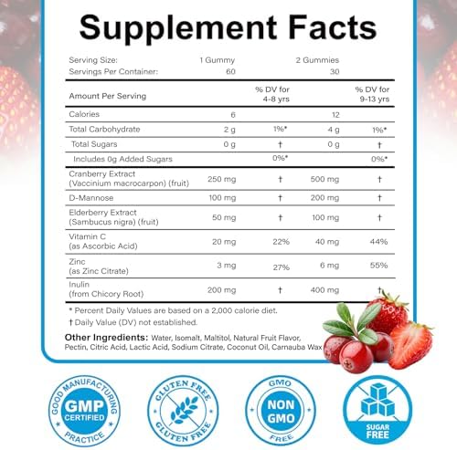 Gomitas ABYSSUS de Arándano para Niños – con D-Mannosa, Saúco, Vitamina C, Zinc, Apoyo Urinario e Inmunológico – Inulina Prebiótica, Sabor Fresa, 60 - imagen 5