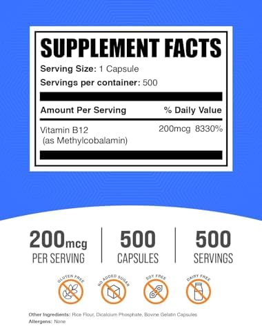 Cápsulas de Vitamina B12 Methylcobalamina BulkSupplements.com - Suplemento de B12 200mcg para Energía - Sin Gluten, 1 Cápsula por Porción, 500 - imagen 2