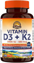 Suplemento de Vitamina D3 K2 Vitalitown, D3 5000 IU, K2 MK-7 100 mcg, No GMO, Sin Gluten ni Soja, para Huesos, Dientes, Inmunidad y Corazón, 120 - imagen 1
