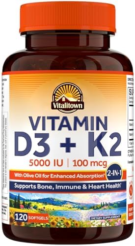 Suplemento de Vitamina D3 K2 Vitalitown, D3 5000 IU, K2 MK-7 100 mcg, No GMO, Sin Gluten ni Soja, para Huesos, Dientes, Inmunidad y Corazón, 120 - imagen 1