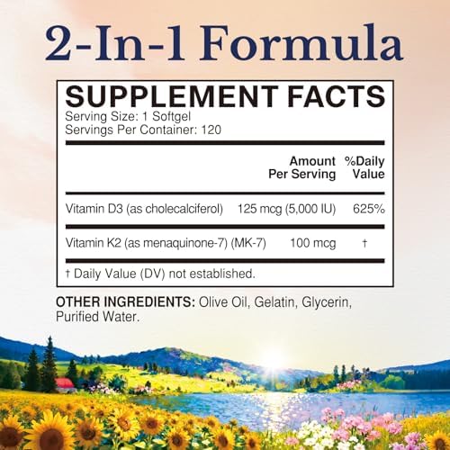 Suplemento de Vitamina D3 K2 Vitalitown, D3 5000 IU, K2 MK-7 100 mcg, No GMO, Sin Gluten ni Soja, para Huesos, Dientes, Inmunidad y Corazón, 120 - imagen 2