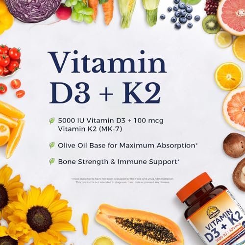 Suplemento de Vitamina D3 K2 Vitalitown, D3 5000 IU, K2 MK-7 100 mcg, No GMO, Sin Gluten ni Soja, para Huesos, Dientes, Inmunidad y Corazón, 120 - imagen 3