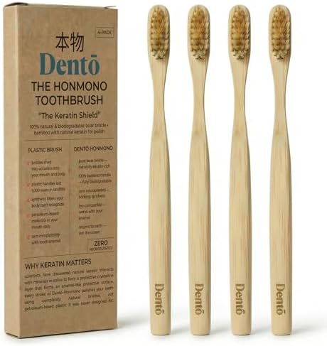 Juego de 4 Cepillos de Dientes de Cerda de Jabalí y Bambú Dento - Cerda Premium con Queratina - 100% Biodegradables - Sin Nylon ni Plástico - Diseño - imagen 1