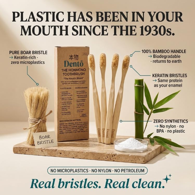 Juego de 4 Cepillos de Dientes de Cerda de Jabalí y Bambú Dento - Cerda Premium con Queratina - 100% Biodegradables - Sin Nylon ni Plástico - Diseño - imagen 3