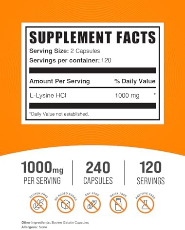 BulkSupplements.com Cápsulas de L-Lisina HCl - Suplemento Nutricional, 1000mg de Lisina - Apoyo Inmunológico, Sin Gluten, 2 Cápsulas por Porción, 240 - imagen 2