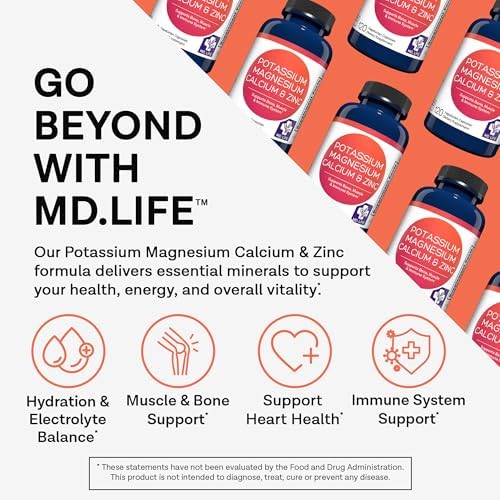 Suplemento de Potasio, Magnesio, Zinc y Calcio MD. Life - 120 Cápsulas - Apoya la Salud Ósea y Muscular - Promueve la Absorción de Calcio y la - imagen 2