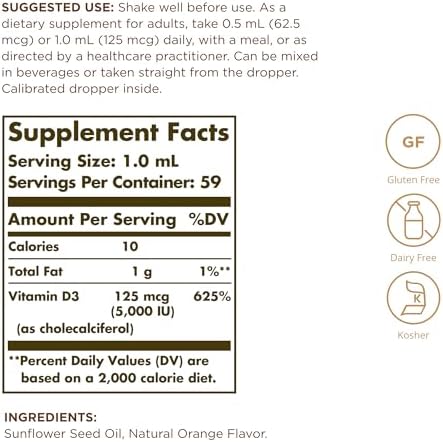 Solgar Vitamina D3 Líquida 125 mcg (5,000 UI) - 2 fl oz, Paquete de 2 - Sabor Natural a Naranja - Apoya Huesos y Dientes Saludables - Sin Gluten ni - imagen 2