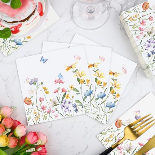 100 PZS Servilletas Desechables de Cóctel con Flores Silvestres, 3 Capas, para Bodas, Bautizos, Cumpleaños y Fiestas de Té - imagen 5