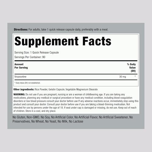 Piping Rock Vinpocetina 30mg | 90 Cápsulas | Suplemento de Alta Potencia | Sin OGM, Libre de Gluten - imagen 2