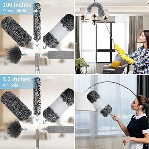 Duster de Microfibra con Extensor de 30 a 100 Pulgadas, Reutilizable, Flexible y Lavable, 12 Piezas para Limpiar Ventiladores, Techos Altos, - imagen 3