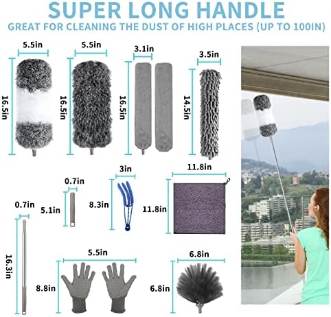 Duster de Microfibra con Extensor de 30 a 100 Pulgadas, Reutilizable, Flexible y Lavable, 12 Piezas para Limpiar Ventiladores, Techos Altos, - imagen 6