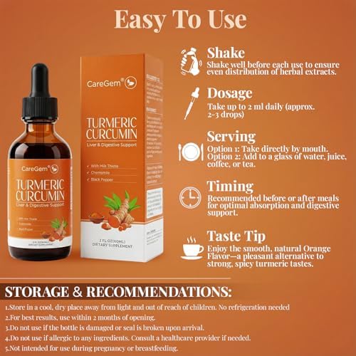 CareGem Complejo Líquido de Cúrcuma y Curcumina con Cardo Mariano, Diente de León y Manzanilla | Mezcla Herbal de Alta Absorción con Pimienta Negra y - imagen 5