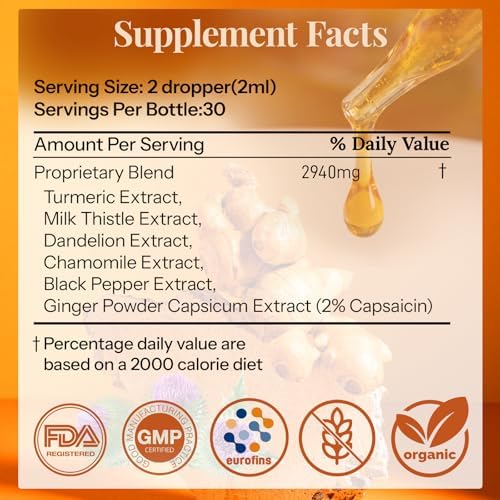 CareGem Complejo Líquido de Cúrcuma y Curcumina con Cardo Mariano, Diente de León y Manzanilla | Mezcla Herbal de Alta Absorción con Pimienta Negra y - imagen 6