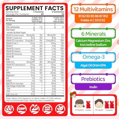 Gomitas de Hierro para Niños y Adolescentes, Multivitamínico Vegano con Hierro, Vitaminas B, A, C, D3, Calcio, Zinc, DHA, Prebióticos, 60 Ct - imagen 2