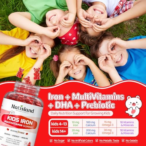 Gomitas de Hierro para Niños y Adolescentes, Multivitamínico Vegano con Hierro, Vitaminas B, A, C, D3, Calcio, Zinc, DHA, Prebióticos, 60 Ct - imagen 6