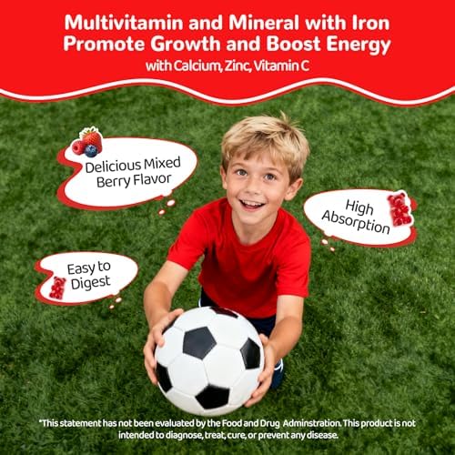 Gomitas de Hierro para Niños y Adolescentes, Multivitamínico Vegano con Hierro, Vitaminas B, A, C, D3, Calcio, Zinc, DHA, Prebióticos, 60 Ct - imagen 8