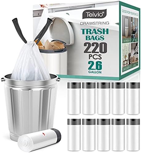 Bolsas de Basura de 2.6 Galones y 220 Cuentas con Cinta de Ajuste Teivio, Forros para Bote de Baño, Bolsas Plásticas Pequeñas para Hogar y Oficina, - imagen 1