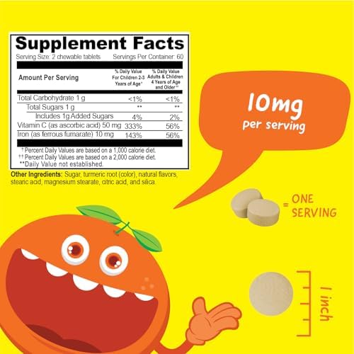 Suplementos de Hierro VitaWorks para Niños, Tabletas Masticables con Vitamina C, 10mg de Ferroso Fumarato, Sabor Naranja, No GMO, Vegano, Sin Gluten - imagen 2