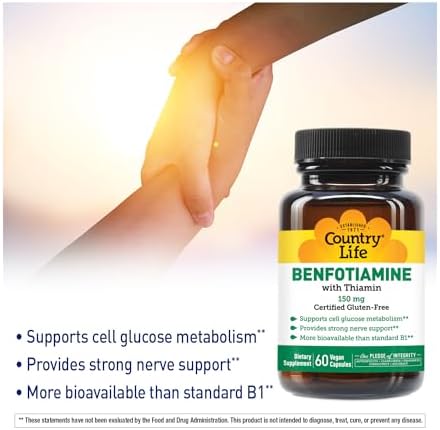 Country Life Benfotiamina con Tiamina, Soporte para la Salud Nerviosa, 150mg, 60 Cápsulas Vegetarianas, Certificado Sin Gluten y Vegano - imagen 4