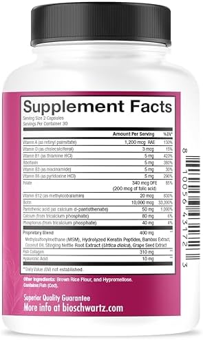 Suplemento de Biotina, Colágeno y Queratina BioSchwartz - Vitaminas para el Cabello de 10000mcg con Ácido Hialurónico y Complejo B - 60 Cápsulas No - imagen 7