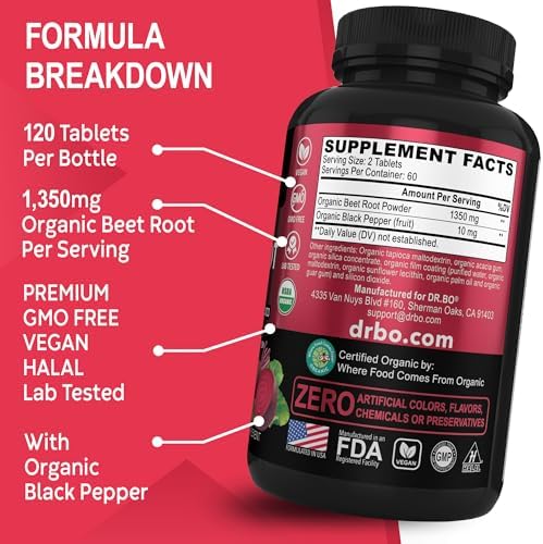 Suplementos de Cápsulas de Remolacha Orgánica - 1350mg de Extracto en Tabletas, Polvo de Remolacha Orgánica, Apoyo Total de Vitaminas y Óxido Nítrico - imagen 5