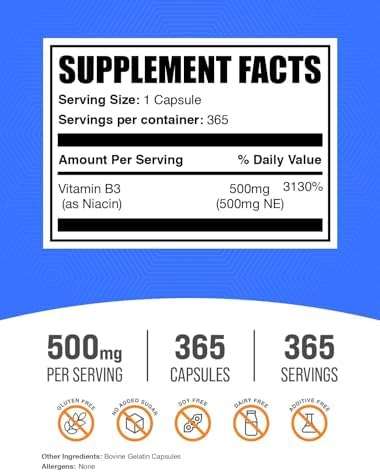 Cápsulas de Niacina BulkSupplements.com - Suplemento de Niacina, Vitamina B3 - Sin Gluten, 1 Cápsula por Porción, 365 Cápsulas (Paquete de 1) - imagen 2