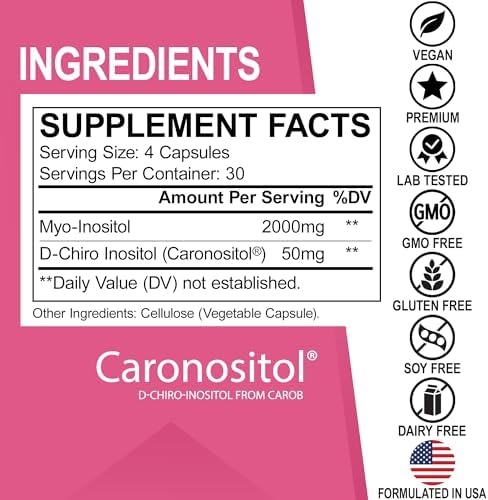 Suplemento de Myo-Inositol y D-Chiro Inositol en Cápsulas - Relación 40:1, 2050mg con Vitamina B8 - Suplementos Naturales para la Salud Femenina, 120 - imagen 6