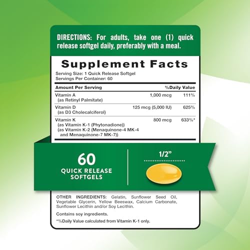 Vitaminas ADK de Nature's Truth | 60 Softgels | Alta Potencia de Vitaminas A, D3, K1 y K2 | Suplemento Sin OGM y Sin Gluten - imagen 2