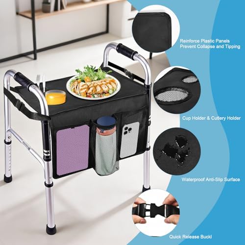 Bandeja Cejiuga para Andador Plegable, Bandeja Premium con Porta Vaso para Personas Mayores, Accesorios para Andadores (Negra) - imagen 2