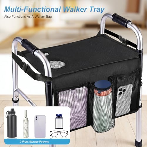 Bandeja Cejiuga para Andador Plegable, Bandeja Premium con Porta Vaso para Personas Mayores, Accesorios para Andadores (Negra) - imagen 3