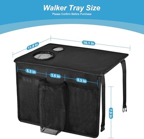 Bandeja Cejiuga para Andador Plegable, Bandeja Premium con Porta Vaso para Personas Mayores, Accesorios para Andadores (Negra) - imagen 4