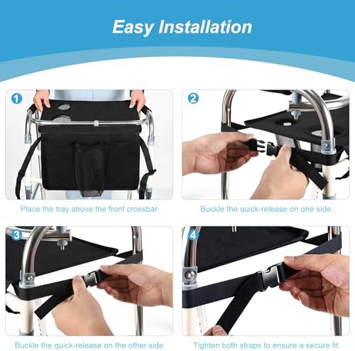 Bandeja Cejiuga para Andador Plegable, Bandeja Premium con Porta Vaso para Personas Mayores, Accesorios para Andadores (Negra) - imagen 5