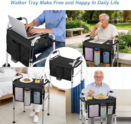 Bandeja Cejiuga para Andador Plegable, Bandeja Premium con Porta Vaso para Personas Mayores, Accesorios para Andadores (Negra) - imagen 7