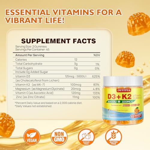 Gomitas OUYIYUA de Vitamina D3 K2, 5000UI de D3 + 100mcg de K2 (MK-7) para Adultos | Apoyo Inmunológico, Salud Dental y Función Muscular | 90 piezas - imagen 2