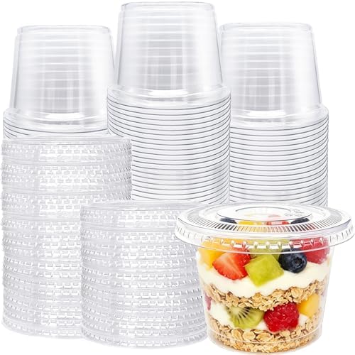 Alaeseje Paquete de 100 Vasos Plásticos de 8oz con Tapas Planas (Agujero en la Tapa), Vasos Desechables Transparentes para Postres, Frutas, Snacks, - imagen 1