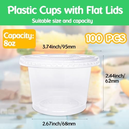 Alaeseje Paquete de 100 Vasos Plásticos de 8oz con Tapas Planas (Agujero en la Tapa), Vasos Desechables Transparentes para Postres, Frutas, Snacks, - imagen 2