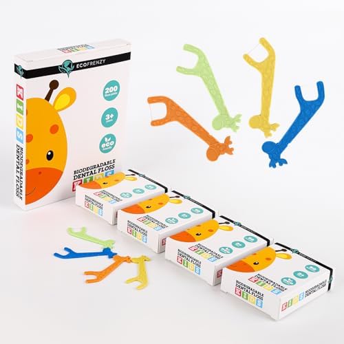 EcoFrenzy Palillos de Hilo Dental para Niños 200 Piezas (4 Paquetes de 50) - Biodegradables de Almidón de Maíz - Sabor Fresa - imagen 1