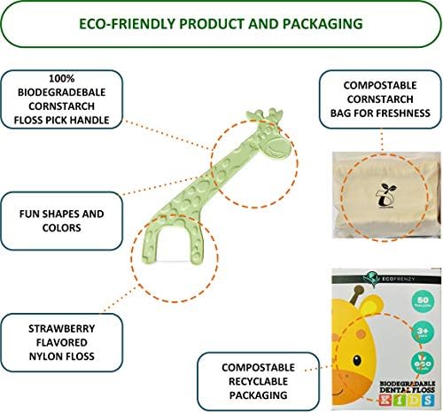 EcoFrenzy Palillos de Hilo Dental para Niños 200 Piezas (4 Paquetes de 50) - Biodegradables de Almidón de Maíz - Sabor Fresa - imagen 3