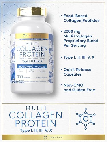 Cápsulas de Colágeno Múltiple Carlyle 2000mg | 300 Contenido | Tipos I, II, III, V, X | Suplemento de Péptidos de Colágeno, Keto, Paleo, Sin Gluten, - imagen 4
