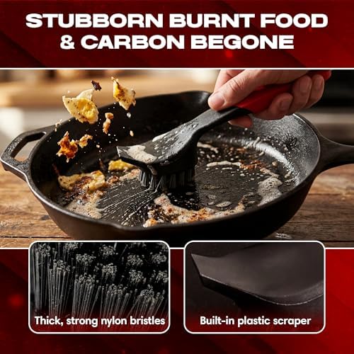 Cepillo de Hierro Fundido con Raspador Resistente - Fregador de Nylon para Sartenes, Woks y Ollas - Limpiador de Cocina que Elimina Suciedad y Grasa - imagen 3