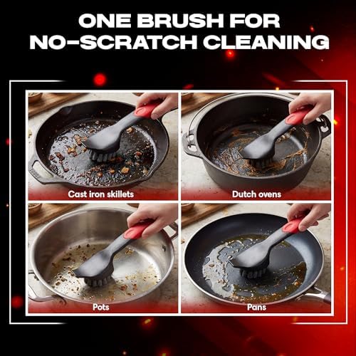 Cepillo de Hierro Fundido con Raspador Resistente - Fregador de Nylon para Sartenes, Woks y Ollas - Limpiador de Cocina que Elimina Suciedad y Grasa - imagen 4