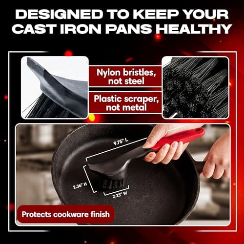 Cepillo de Hierro Fundido con Raspador Resistente - Fregador de Nylon para Sartenes, Woks y Ollas - Limpiador de Cocina que Elimina Suciedad y Grasa - imagen 5