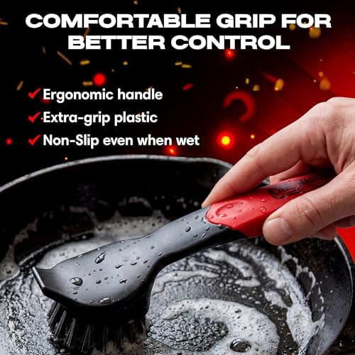 Cepillo de Hierro Fundido con Raspador Resistente - Fregador de Nylon para Sartenes, Woks y Ollas - Limpiador de Cocina que Elimina Suciedad y Grasa - imagen 6
