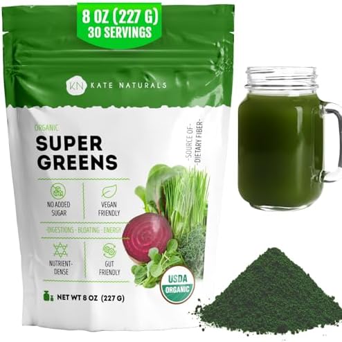 Kate Naturals Polvo Orgánico de Super Greens. Mezcla de Superalimentos Diarios con Probióticos y Fibra para Batidos y Jugos (30 Porciones, 8oz, - imagen 1