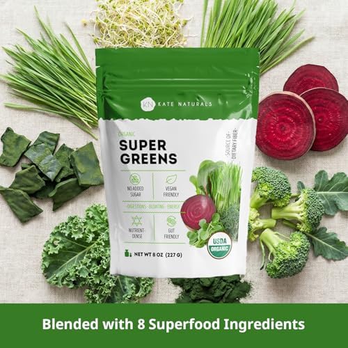 Kate Naturals Polvo Orgánico de Super Greens. Mezcla de Superalimentos Diarios con Probióticos y Fibra para Batidos y Jugos (30 Porciones, 8oz, - imagen 2