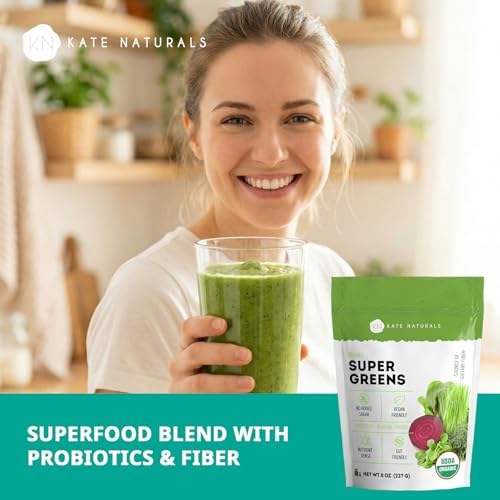 Kate Naturals Polvo Orgánico de Super Greens. Mezcla de Superalimentos Diarios con Probióticos y Fibra para Batidos y Jugos (30 Porciones, 8oz, - imagen 3